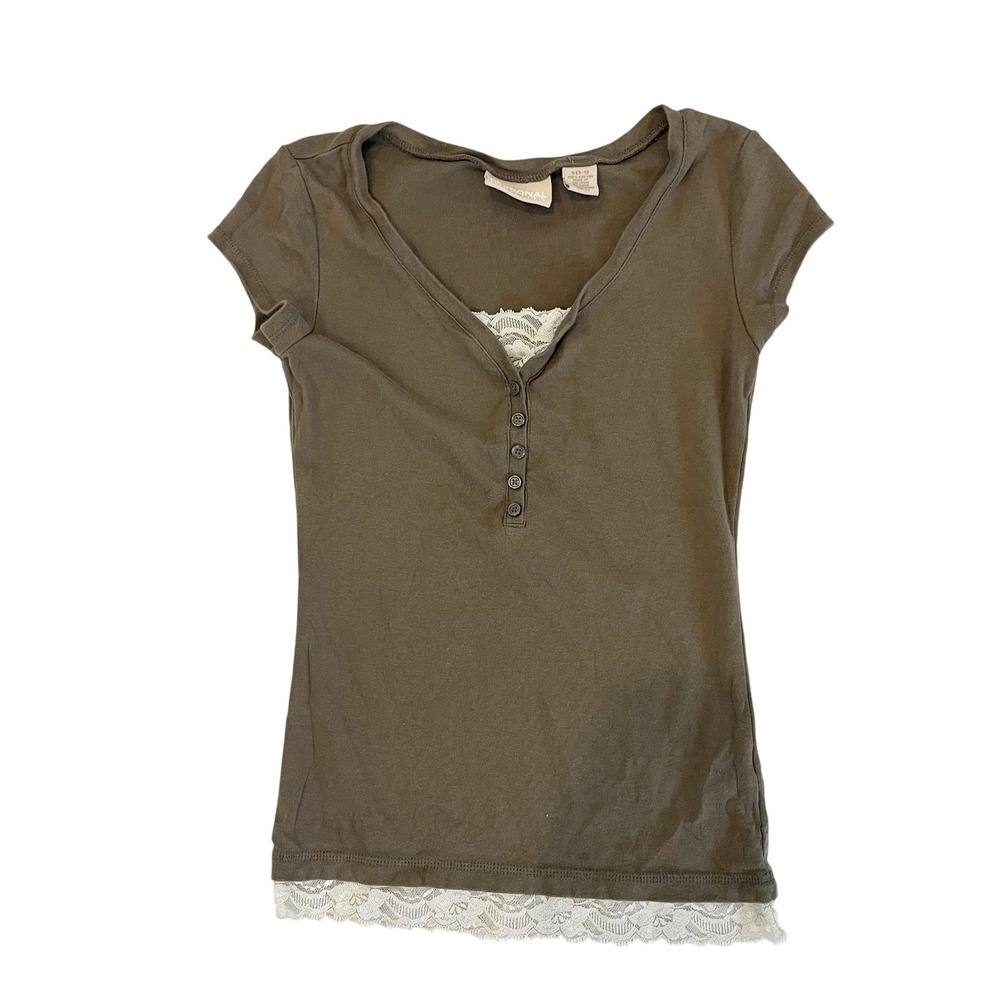 Vtg Personal Identity Y2K Baby Tee Brown Lace Trim Henley Top Small Fairycore